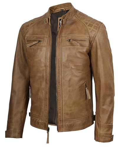 fjackets Real Lambskin Leather Biker Jacket — Quilted Cafe Racer Zip Up Moto Leather Jacket Men | [1103173] Diamond1 Camel, M - Image 1
