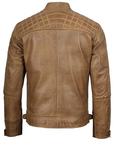 fjackets Real Lambskin Leather Biker Jacket — Quilted Cafe Racer Zip Up Moto Leather Jacket Men | [1103173] Diamond1 Camel, M - Image 4