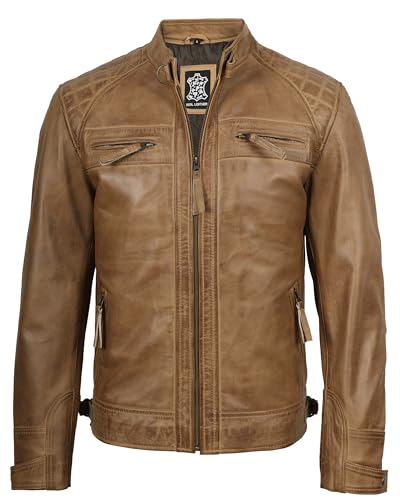 fjackets Real Lambskin Leather Biker Jacket — Quilted Cafe Racer Zip Up Moto Leather Jacket Men | [1103173] Diamond1 Camel, M - Image 3