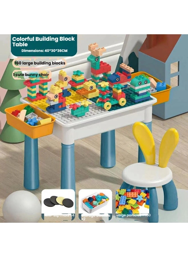 POWER This children's building block activity table and chair set contains 160 large building blocks and is suitable for children aged 3-6. It is a multi-functional game table, a DIY building toy table, and comes with a storage box, combining education and entertainment. - Image 1