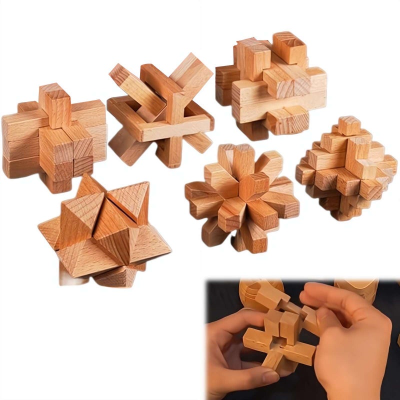 6 Piece Wooden Brain Teaser Puzzles Set 3D Lu Ban Lock Logic Game For Adults Kids - Image 2