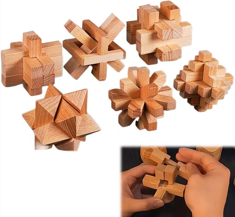 6 Piece Wooden Brain Teaser Puzzles Set 3D Lu Ban Lock Logic Game For Adults Kids - Image 1
