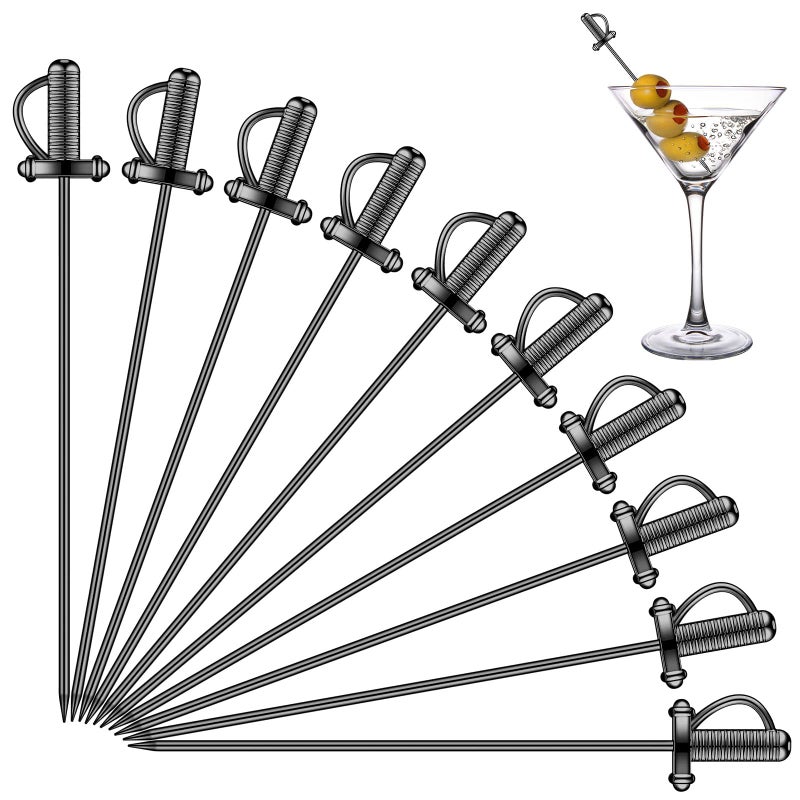 10 Pieces Stainless Steel Cocktail Picks Toothpicks 43 Inch Sword Metal Martini Drink Pick Sticks Appetizer Reusable Skewers Food Fruit Cocktail Toothpicks for Birthday Wedding Beach Black