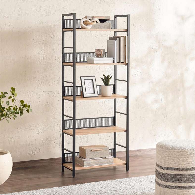 Pan Home خزانة عرض بخمسة أرفف بتصميم طبيعي وأسود