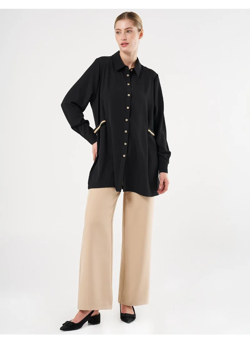 Kayra Grosgrain Tie Shirt Collar Tunic Black