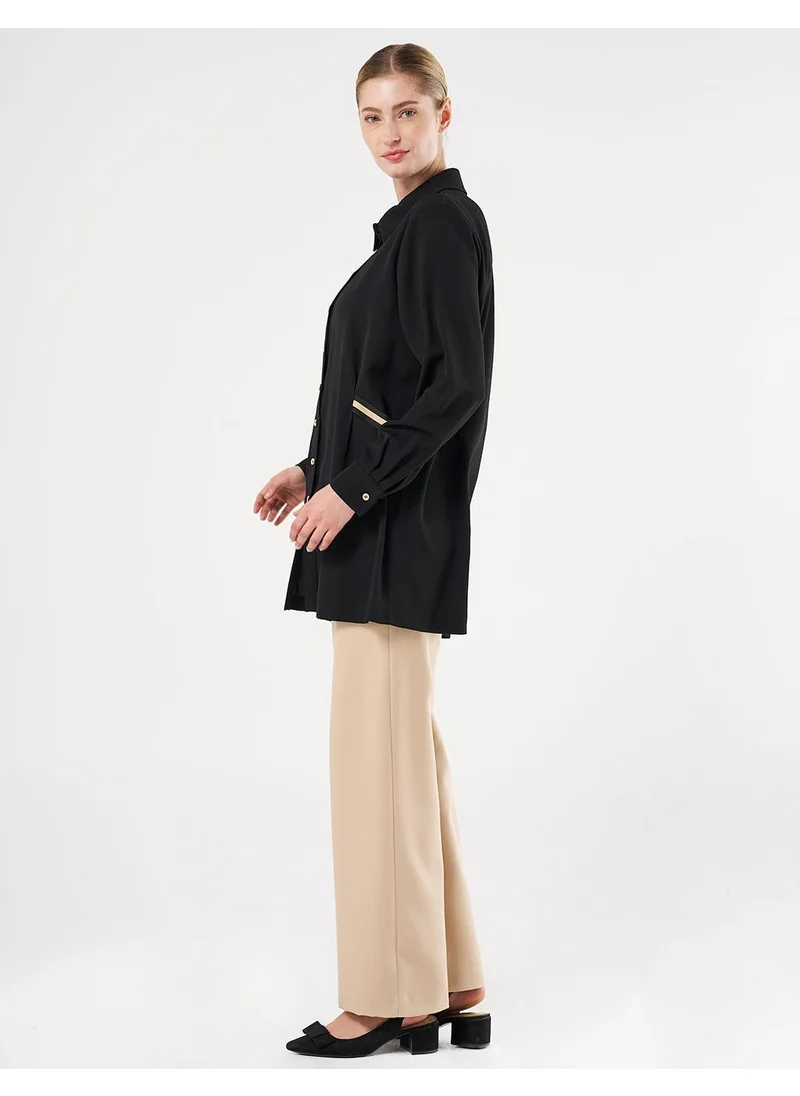 Kayra Grosgrain Tie Shirt Collar Tunic Black