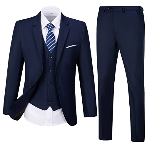 Lynerun Men's 3 Piece Suit Elegant Two Button Slim Fit Suit Blazer Prom Wedding Tuxedo Suit Solid Jacket Vest Pants for Men Navy Suit for Men S - Image 3