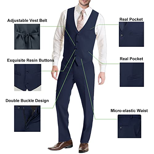 Lynerun Men's 3 Piece Suit Elegant Two Button Slim Fit Suit Blazer Prom Wedding Tuxedo Suit Solid Jacket Vest Pants for Men Navy Suit for Men S - Image 5