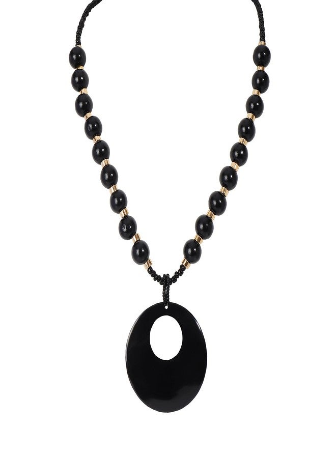 Coiris Shell Pendant Necklace for Women Long Natural Wood Beads Bohemian Handmade Chunky Jewelry for Women(N0147-Black) - Image 1