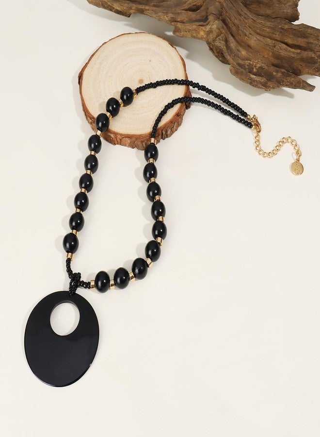 Coiris Shell Pendant Necklace for Women Long Natural Wood Beads Bohemian Handmade Chunky Jewelry for Women(N0147-Black) - Image 5
