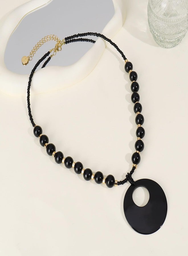 Coiris Shell Pendant Necklace for Women Long Natural Wood Beads Bohemian Handmade Chunky Jewelry for Women(N0147-Black) - Image 4