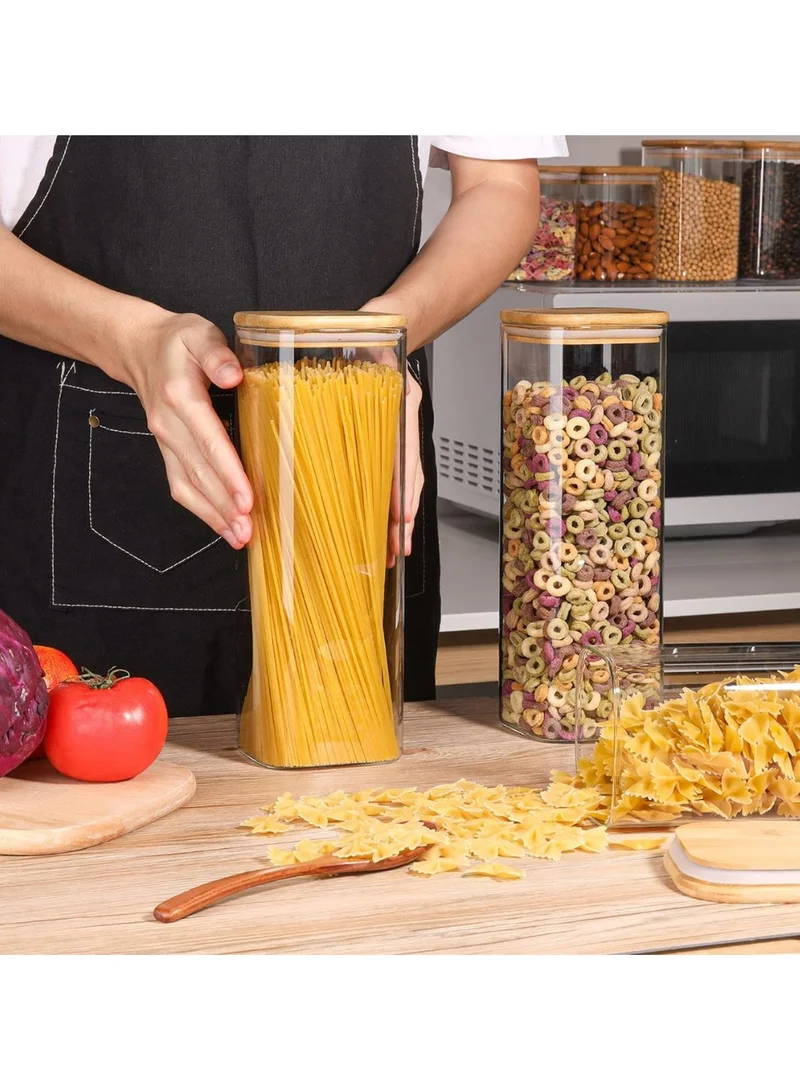 Quesera  Glass Spaghetti Pasta Storage Containers with Lids 2200ml Set of 3, Tall Clear Airtight Food Storage Jar with Bamboo Lid for Noodles Flour Cereal Sugar Beans, Sqaure Spaghetti Pantry Container  | Best Price UAE