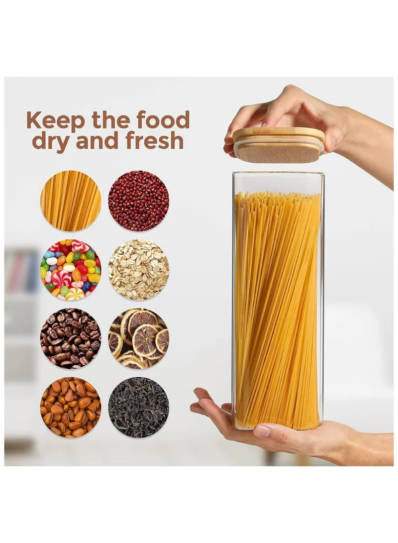 Quesera  Glass Spaghetti Pasta Storage Containers with Lids 2200ml Set of 3, Tall Clear Airtight Food Storage Jar with Bamboo Lid for Noodles Flour Cereal Sugar Beans, Sqaure Spaghetti Pantry Container  | Best Price UAE
