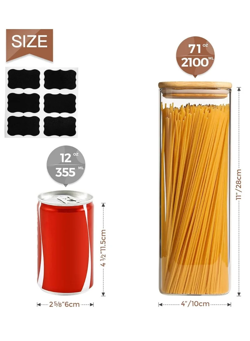 Quesera  Glass Spaghetti Pasta Storage Containers with Lids 2200ml Set of 3, Tall Clear Airtight Food Storage Jar with Bamboo Lid for Noodles Flour Cereal Sugar Beans, Sqaure Spaghetti Pantry Container  | Best Price UAE