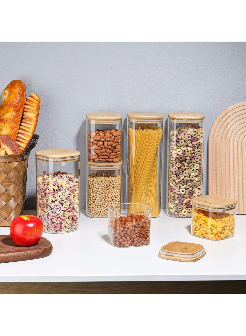 Quesera  Glass Spaghetti Pasta Storage Containers with Lids 2200ml Set of 3, Tall Clear Airtight Food Storage Jar with Bamboo Lid for Noodles Flour Cereal Sugar Beans, Sqaure Spaghetti Pantry Container  | Best Price UAE