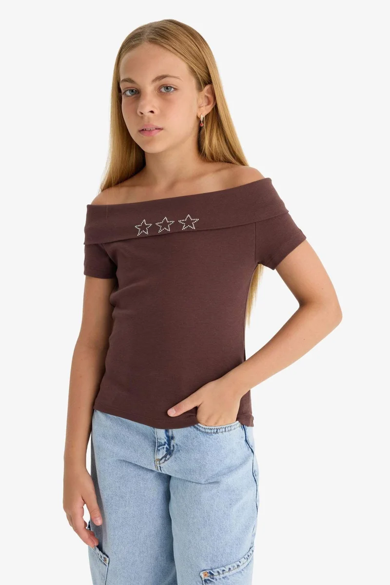 DeFacto Girl Slim Fit Open Shoulder Star Patterned Ribbed T-Shirt