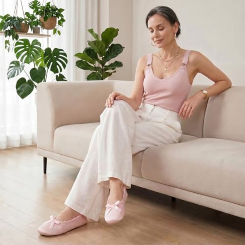 EverFoams Women's Satin Memory Foam Ballerina Slippers Comfortable House Indoor Shoes with Non-slip Rubber Sole - Image 2