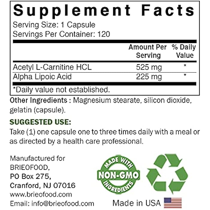 Brieofood Acetyl L-Carnitine Alpha Lipoic Acid (ALA ALC) 750 mg 120 Capsules - Image 2