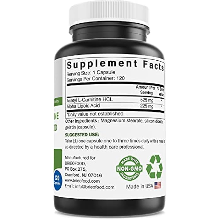 Brieofood Acetyl L-Carnitine Alpha Lipoic Acid (ALA ALC) 750 mg 120 Capsules - Image 3