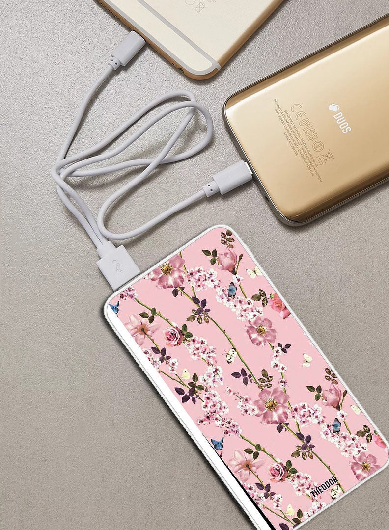 Theodor 10,000 mAh Super Fast Charging Ultra Compact Power Bank with Quick Charge & Power Delivery, Portable Charger For iPhone and Android Small Pink Flowers - Image 2