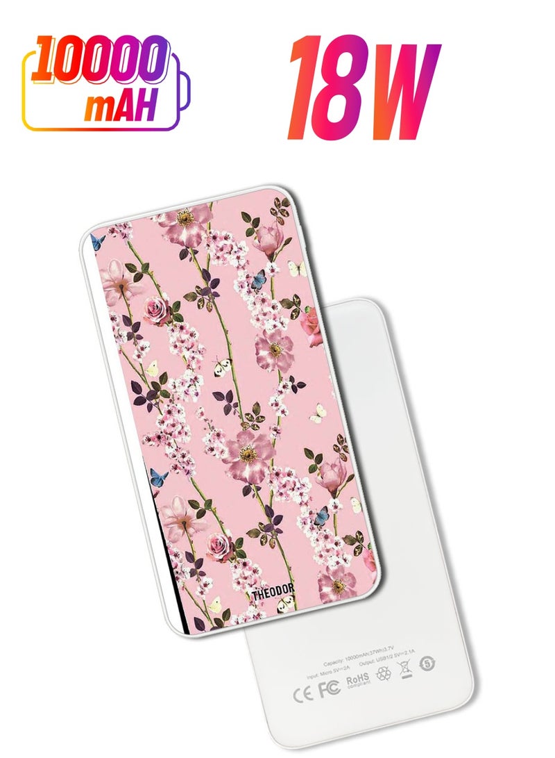 Theodor 10,000 mAh Super Fast Charging Ultra Compact Power Bank with Quick Charge & Power Delivery, Portable Charger For iPhone and Android Small Pink Flowers - Image 1