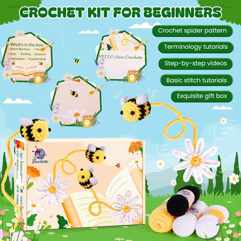 Crochetta طقم كروشيه كروشيتي للمبتدئين، طقم بدء الكروشيه مع دروس فيديو خطوة بخطوة، طقم كروشيه للمبتدئين للبالغين والأطفال والنساء والرجال، طقم كامل متضمن (علامة مرجعية على شكل نحلة) - Image 4