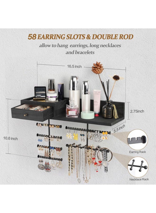 VINAEMO Jewelry Organizer Hanging Wall Mounted Jewelry Holder with Rustic Wood Drawer & Large Capacity Storage Shelf Rack Display for Earrings Rings Necklaces Bracelets(Black) - Image 5
