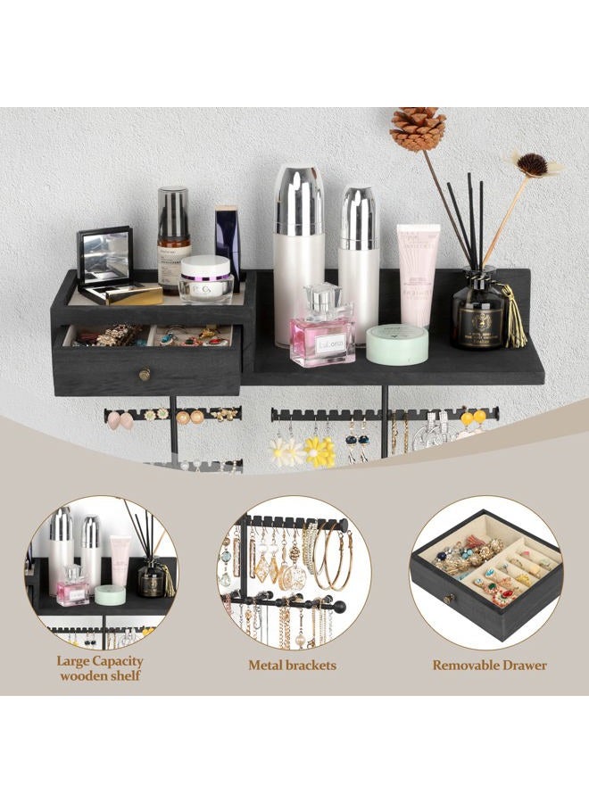 VINAEMO Jewelry Organizer Hanging Wall Mounted Jewelry Holder with Rustic Wood Drawer & Large Capacity Storage Shelf Rack Display for Earrings Rings Necklaces Bracelets(Black) - Image 3