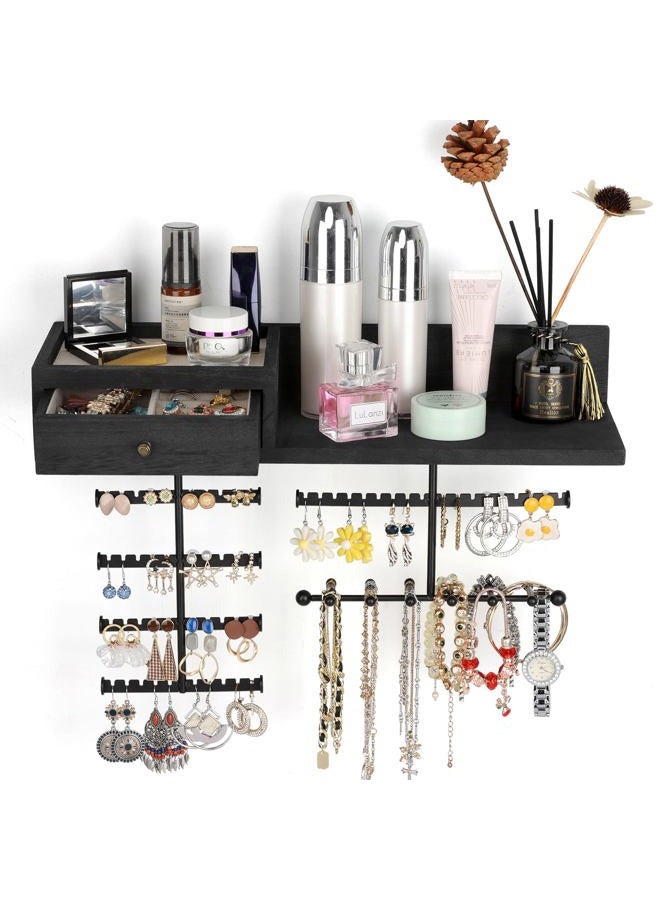 VINAEMO Jewelry Organizer Hanging Wall Mounted Jewelry Holder with Rustic Wood Drawer & Large Capacity Storage Shelf Rack Display for Earrings Rings Necklaces Bracelets(Black) - Image 1