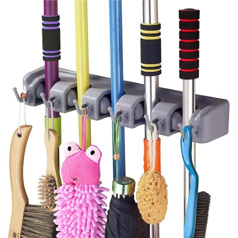 Lexazo Wall Mounted Mop and Broom Holder with 5 Slot Position with 6 Hooks Garage Storage up to 11 Tools Wall Mounted and Upgraded with Effective Strong Holding - Image 1
