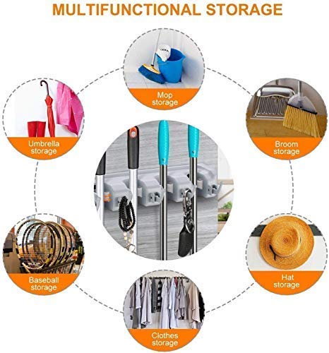 Lexazo Wall Mounted Mop and Broom Holder with 5 Slot Position with 6 Hooks Garage Storage up to 11 Tools Wall Mounted and Upgraded with Effective Strong Holding - Image 5