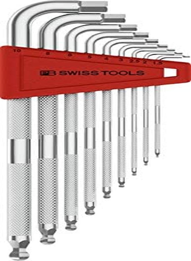 بي بي سويس تولز أدوات PB Swiss - مفاتيح أمان سداسية الشكل على شكل حرف L مع رأس كروي، مثبتة في حامل بلاستيكي عملي، مقاسات من 1.5 إلى 10 مم، طراز #3212.LH-10، أدوات سداسية الشكل - Image 1