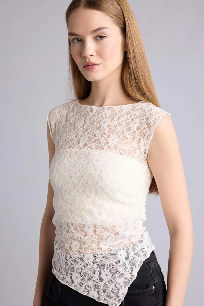 DeFacto Slim Fit Crew Neck Lace Short Sleeve T-Shirt