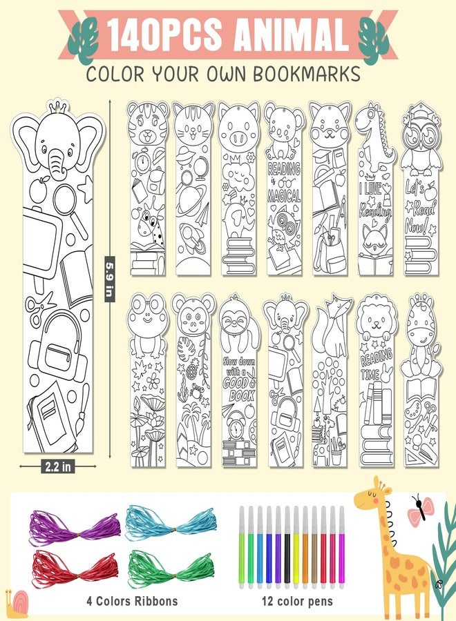 TREACLUB 140PCS Color Your Own Bookmarks, 14 Styles Animal DIY Coloring Blank Bookmarks for Kids, Cartoon Animal Unfinished Page Marker for Reading Lover, Party Game Prize Classroom - Image 2