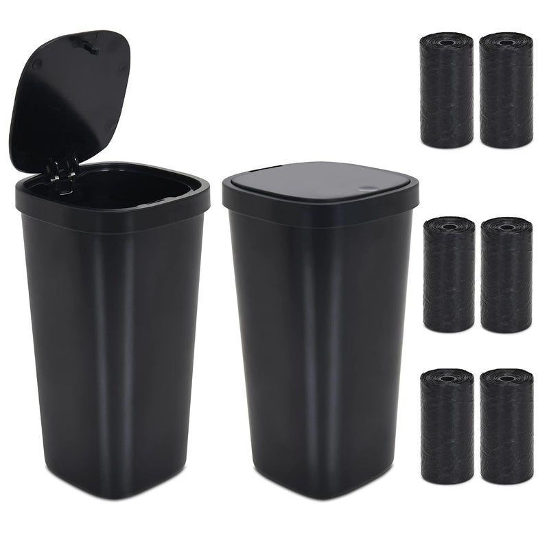 1.2L Car Trash Can& 90Pcs Trash Bags, Push-Button Pop Open, Plastic Mini Trash Can, Waterproof Cup Body Design, Easy to Clean, Automatic Rebound Design, 2Pcs Black - Image 1