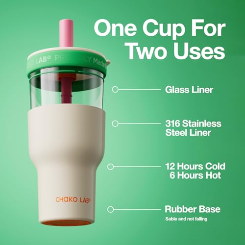 CHAKO LAB Insulated Stainless Steel Water Bottle Duallayer tumbler with Glass Linner and Stainsteel Linner BPAFree Leak Proof Thermos 20oz Bottle with Two Straw White and Green - Image 3