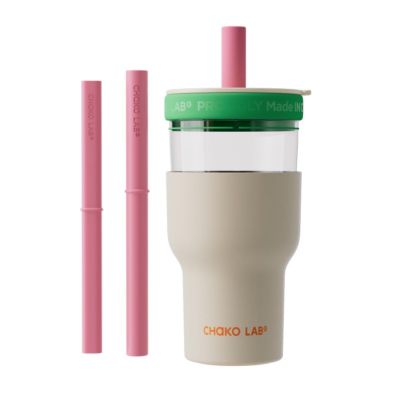 CHAKO LAB Insulated Stainless Steel Water Bottle Duallayer tumbler with Glass Linner and Stainsteel Linner BPAFree Leak Proof Thermos 20oz Bottle with Two Straw White and Green - Image 2