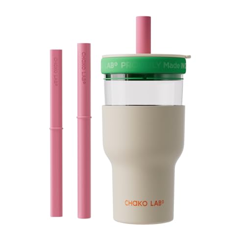 CHAKO LAB Insulated Stainless Steel Water Bottle Duallayer tumbler with Glass Linner and Stainsteel Linner BPAFree Leak Proof Thermos 20oz Bottle with Two Straw White and Green - Image 1