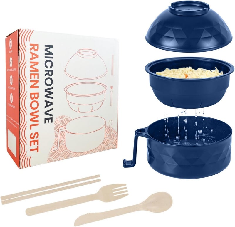 RORBAM Microwave Ramen Cooker,Ramen Bowl Set,Microwave Noodle Bowl With Chopsticks and Spoon, College Dorm Room Essentials for Girls for Boys, Apartment Essentials, BPA-Free. (Deep Blue) - Image 1
