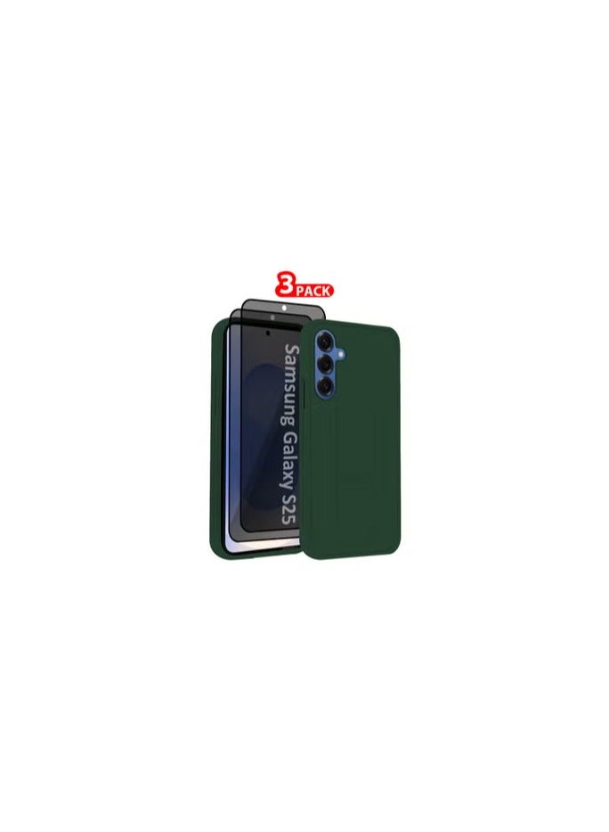CATANES Galaxy S25 3Packs Case Silicone with Stand Function Finger Grip Case Cover with 2 Shock Proof Screen Protectors / Dark Green - Image 1
