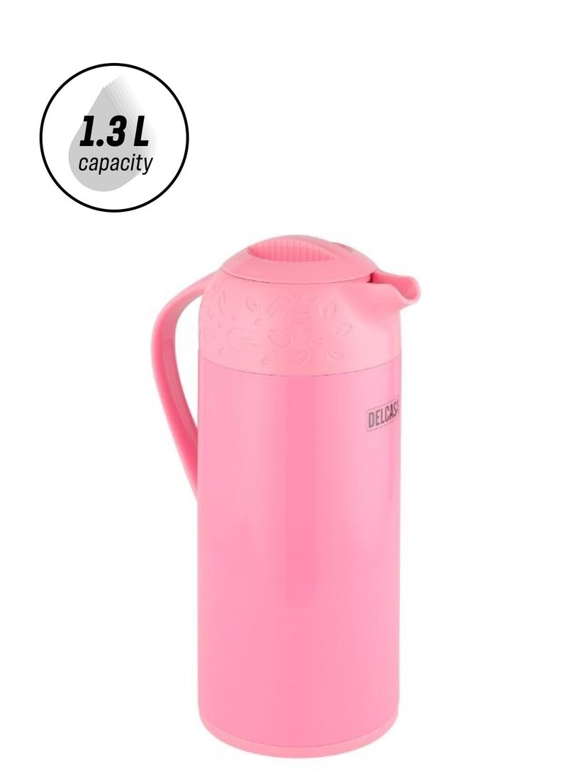 DELCASA 1300ml Vacuum Flask, Asbestos-Free Pink Glass Inner Ideal | Portable with Comfortable Handle & Pouring Spot | 14 Hrs Hot, 36 Hrs Cold - Image 1
