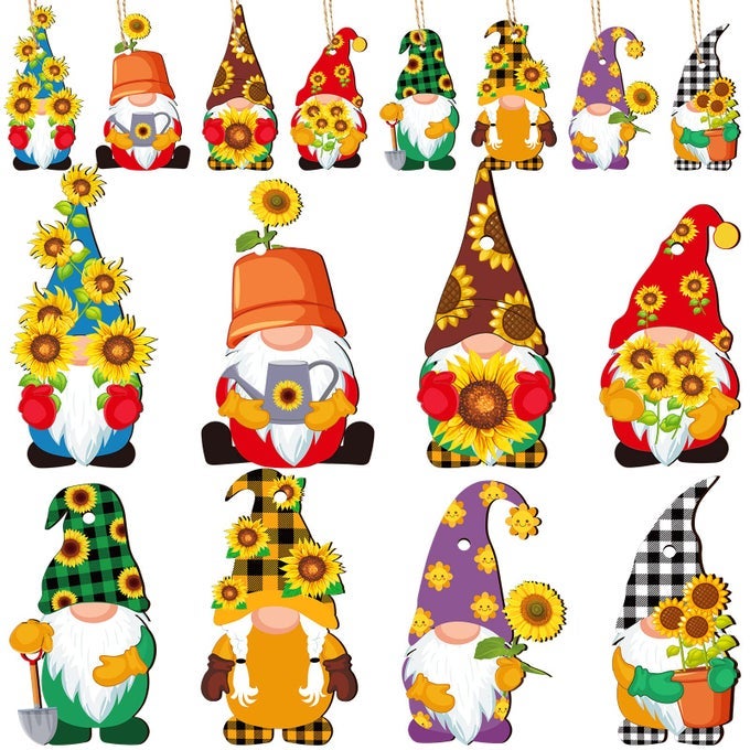40 PIECES SUNFLOWER GNOME WOODEN ORNAMENT FALL GNOMES HONEYBEE HANGING PENDANT TREE DECORATIONS WITH BURLAP ROPE FOR BABY SHOWER BIRTHDAY PARTY GIFT