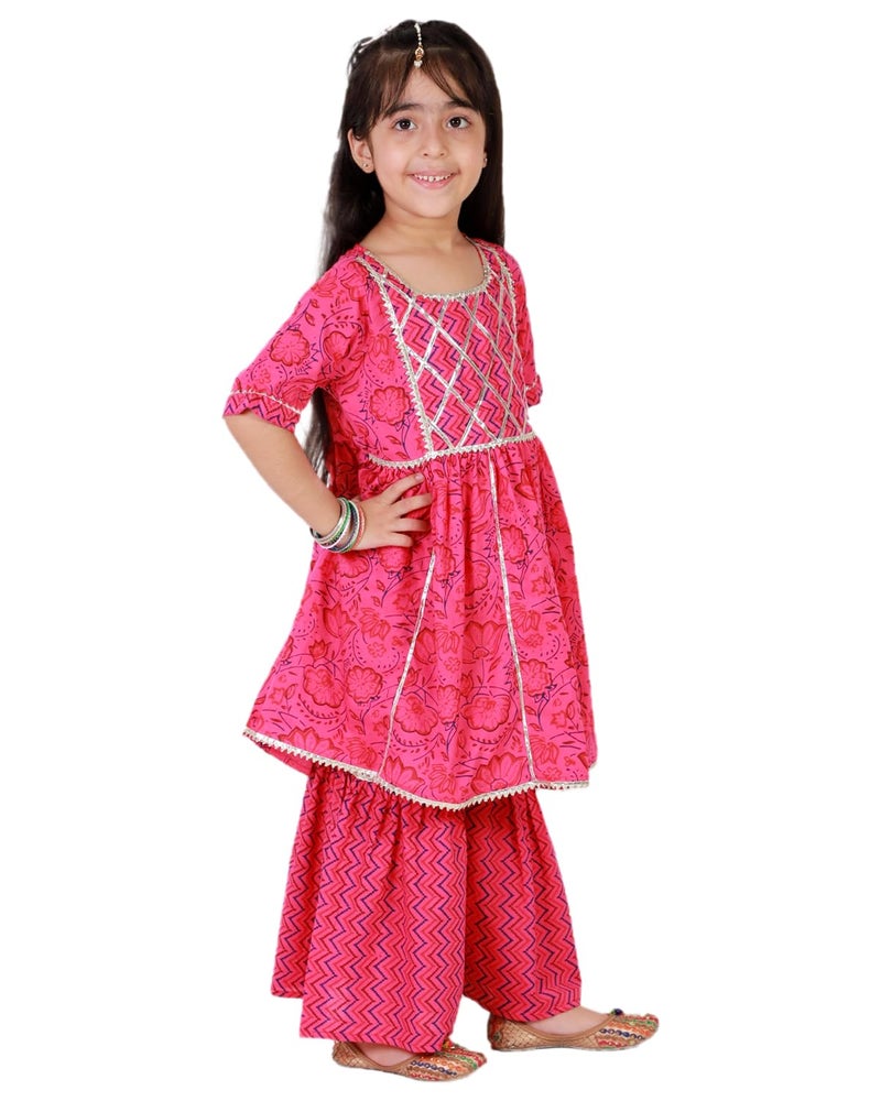 superminis Baby Girls Cotton Sanganeri Printed Frock Style Kurta With Sharara (4-5 Years, Pink) - Image 5