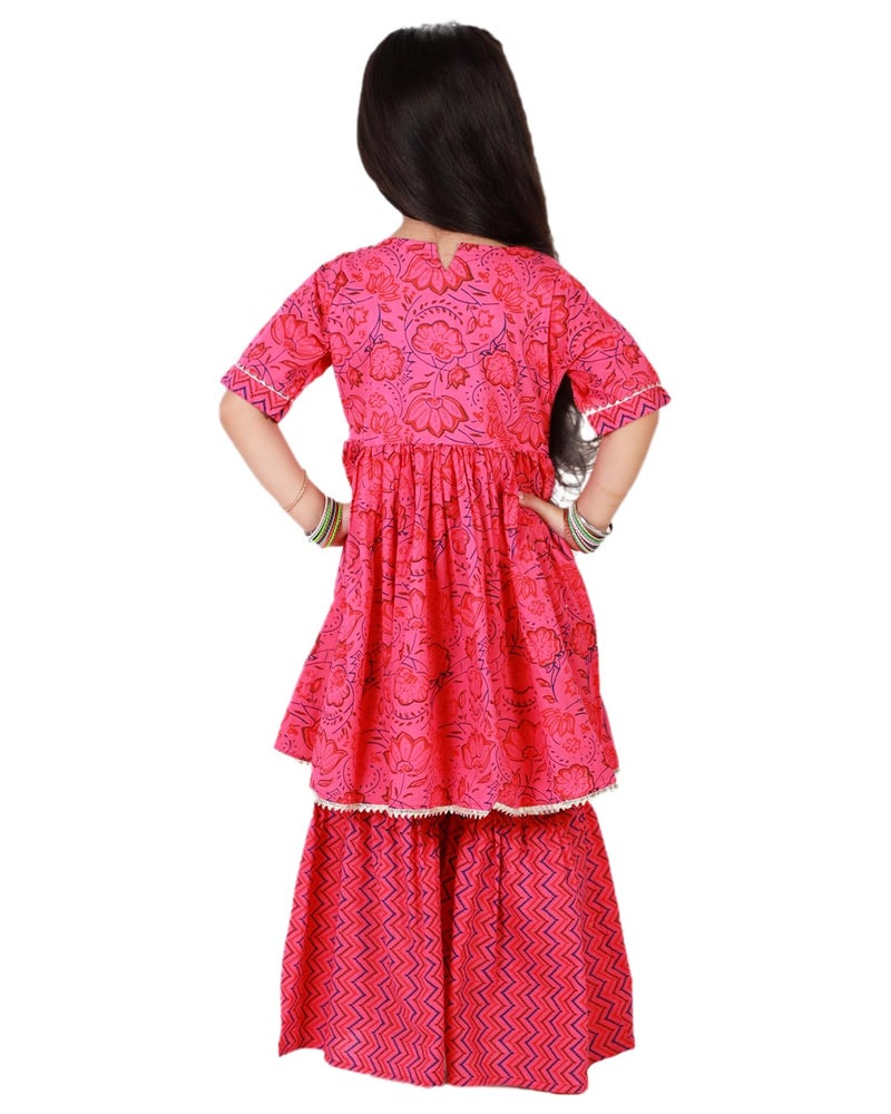 superminis Baby Girls Cotton Sanganeri Printed Frock Style Kurta With Sharara (4-5 Years, Pink) - Image 3