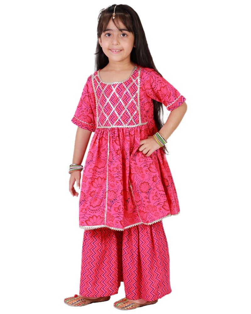 superminis Baby Girls Cotton Sanganeri Printed Frock Style Kurta With Sharara (4-5 Years, Pink) - Image 4