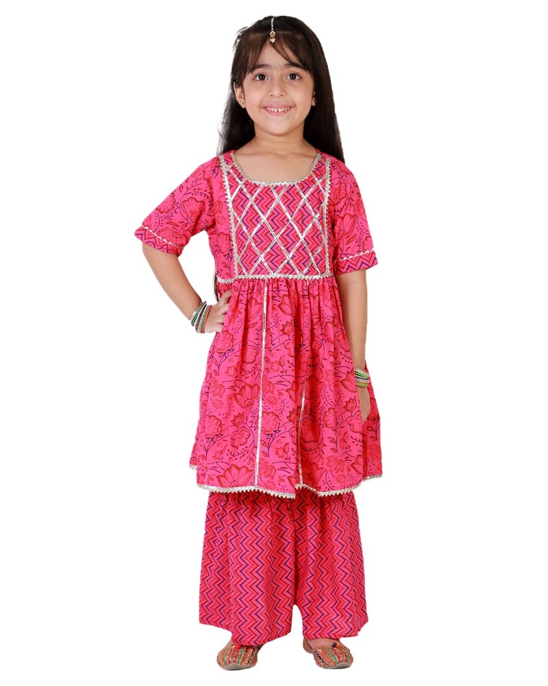 superminis Baby Girls Cotton Sanganeri Printed Frock Style Kurta With Sharara (4-5 Years, Pink) - Image 2