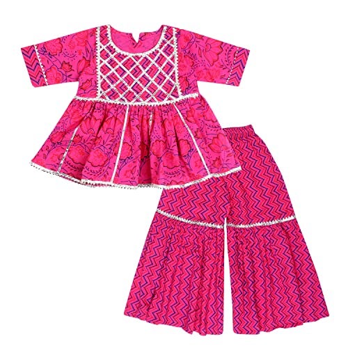 superminis Baby Girls Cotton Sanganeri Printed Frock Style Kurta With Sharara (4-5 Years, Pink) - Image 1