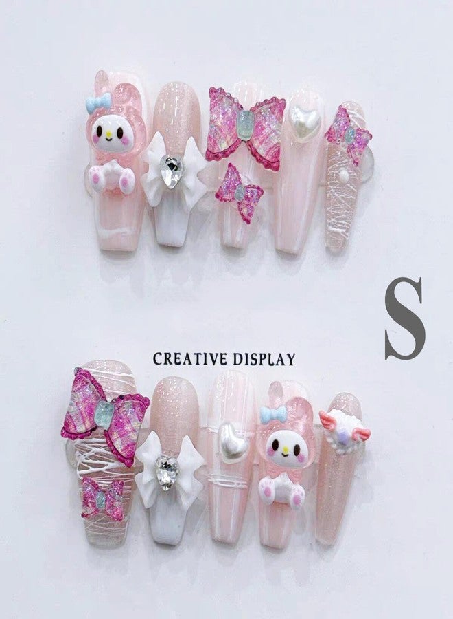 LIFOOST Handmade Fake Nails Pink and White Long Press-on Nails Rabbit Bow Rhinestones Heart Pearls Design False Tips 10Pcs, Size Small - Image 2