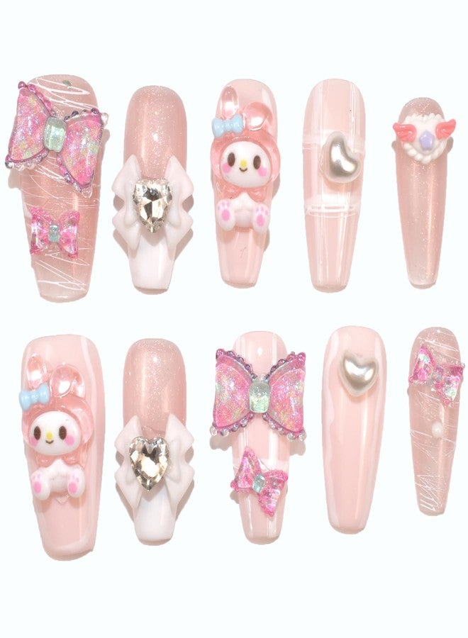 LIFOOST Handmade Fake Nails Pink and White Long Press-on Nails Rabbit Bow Rhinestones Heart Pearls Design False Tips 10Pcs, Size Small - Image 1