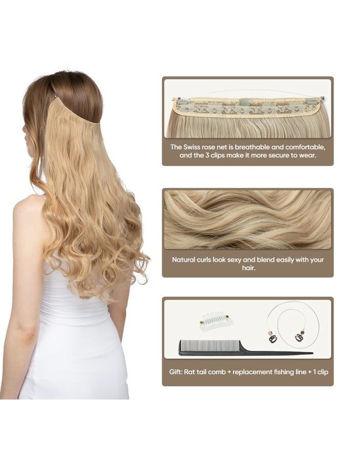 SARLA Ombre Invisible Wire Hair Extensions with 3 Clips Short Synthetic Wavy Curly Hairpiece Adjustable Transparent Headband for Women 14 Inch Brown to Ash Blonde - Image 3